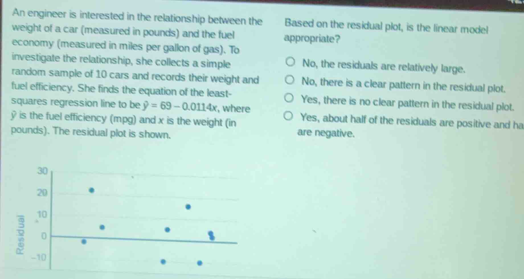 an engineer is interested in the relationship between the weight of a c…