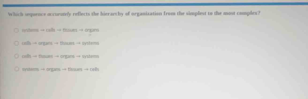 which sequence accurately reflects the hierarchy of organization from t…