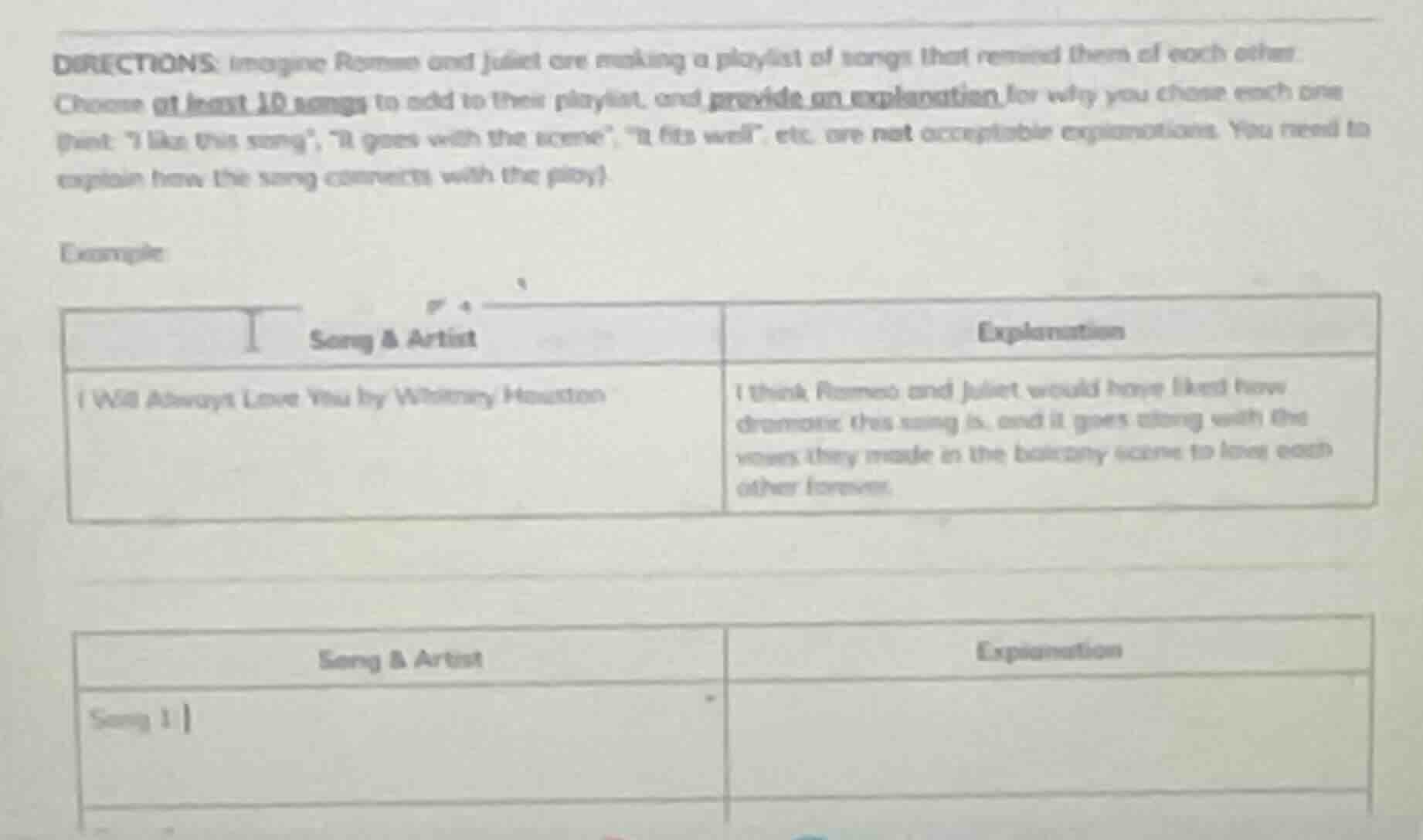 directions: imagine romeo and juliet are making a playlist of songs tha…