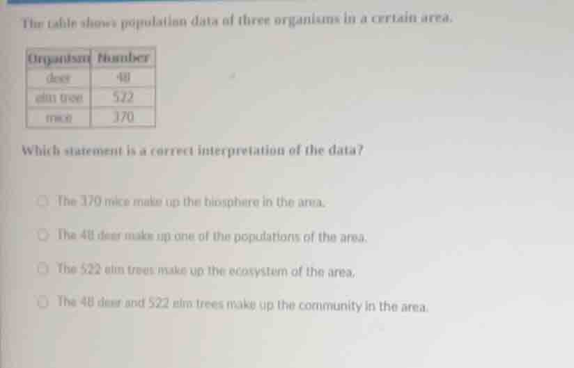 the table shows population data of three organisms in a certain area. o…