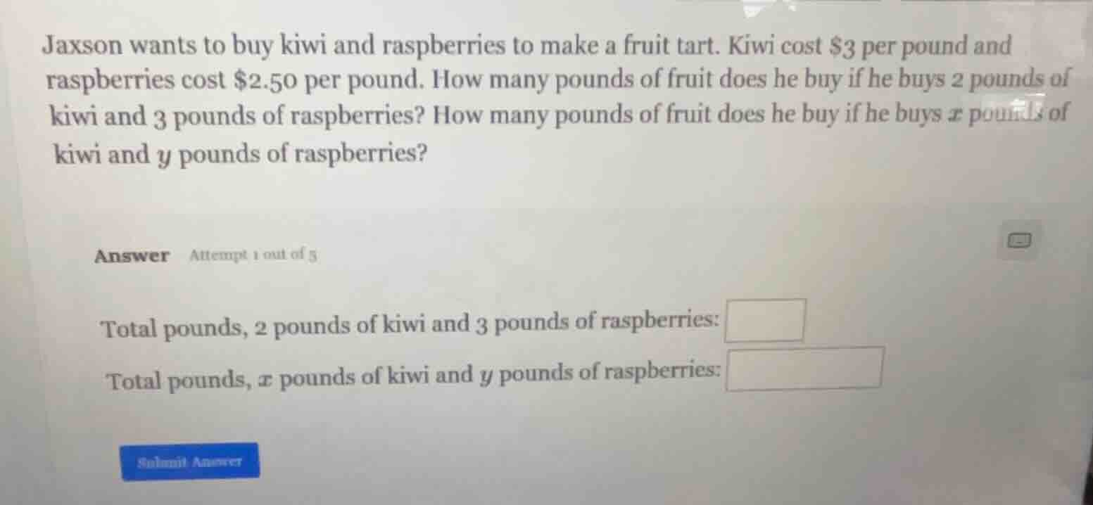 jaxson wants to buy kiwi and raspberries to make a fruit tart. kiwi cos…