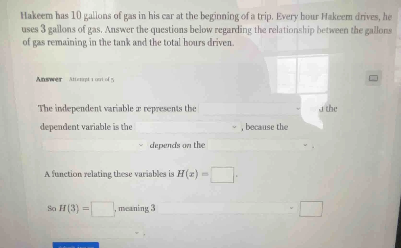 hakeem has 10 gallons of gas in his car at the beginning of a trip. eve…