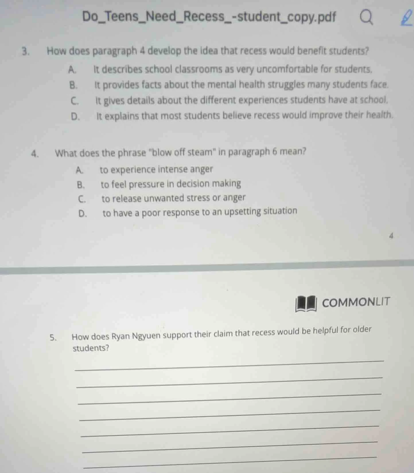 3. how does paragraph 4 develop the idea that recess would benefit stud…