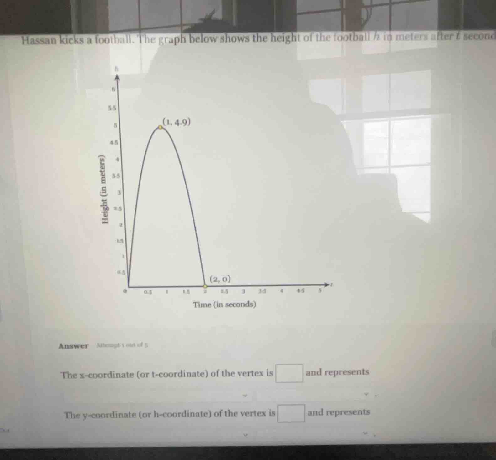 hassan kicks a football. the graph below shows the height of the footba…