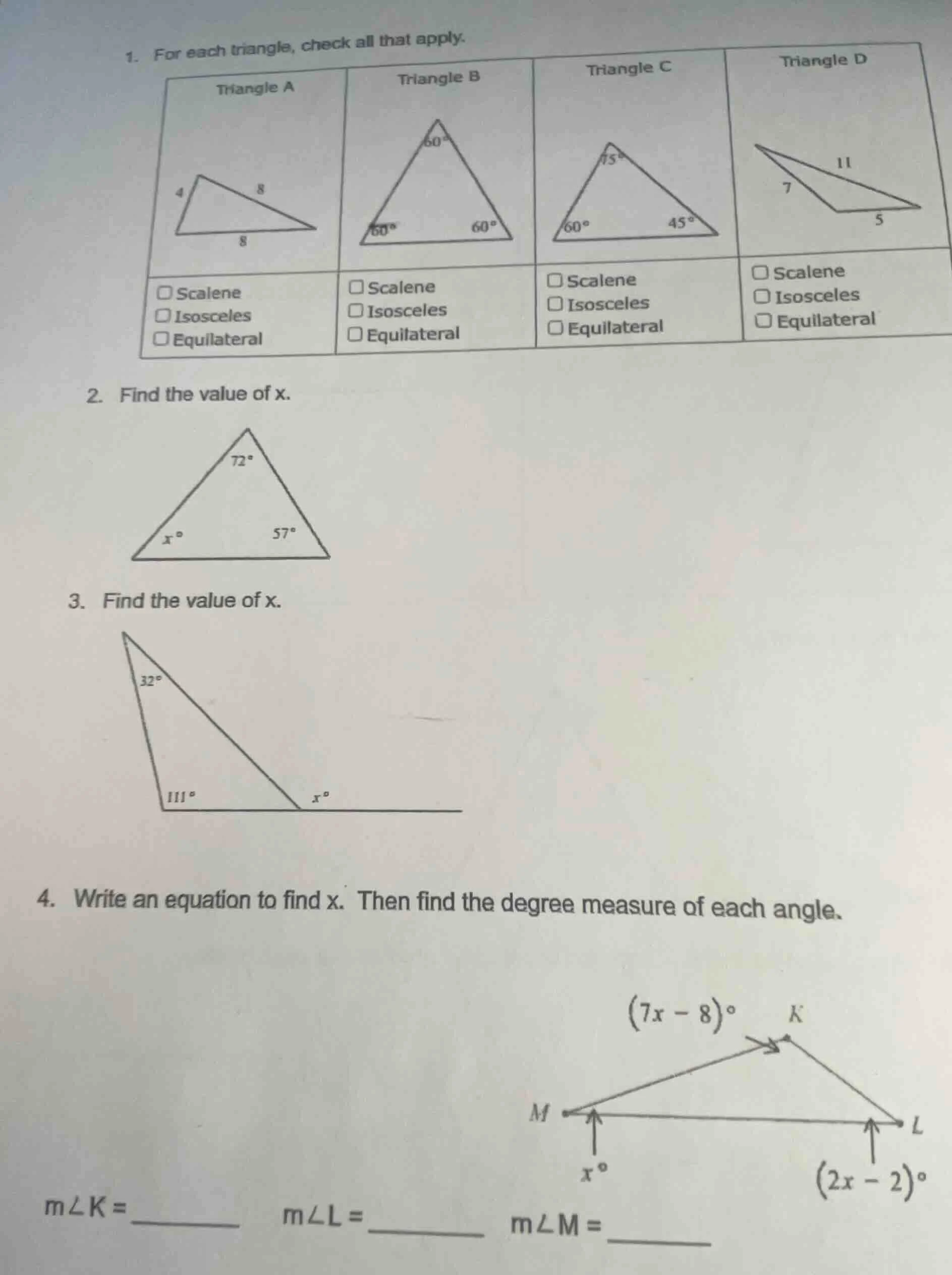 1. for each triangle, check all that apply. triangle a triangle b trian…