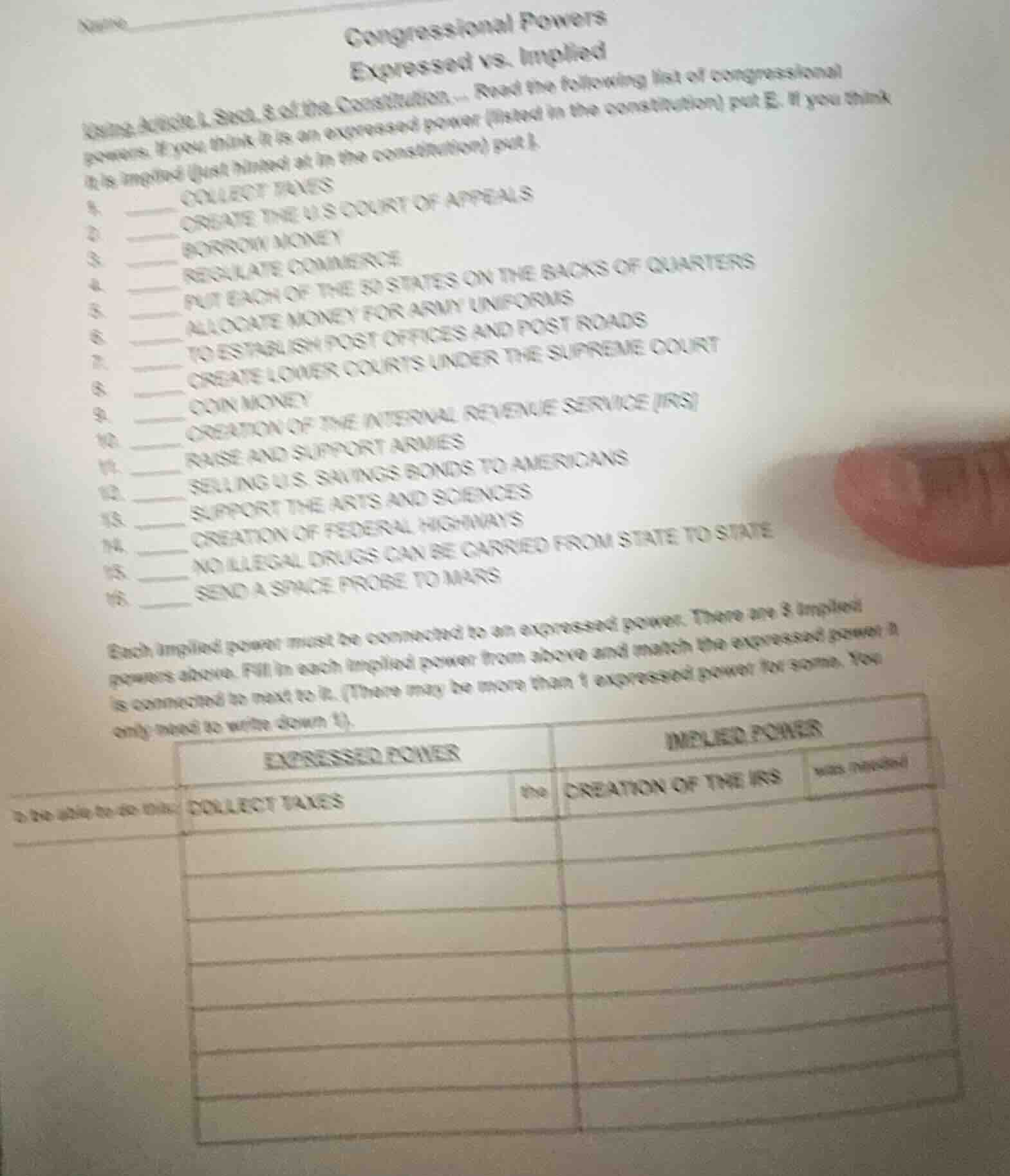 name congressional powers expressed vs. implied using article i, sect. …