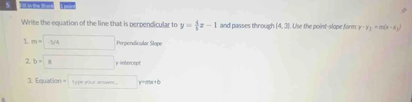 write the equation of the line that is perpendicular to $y = \\frac{4}{…