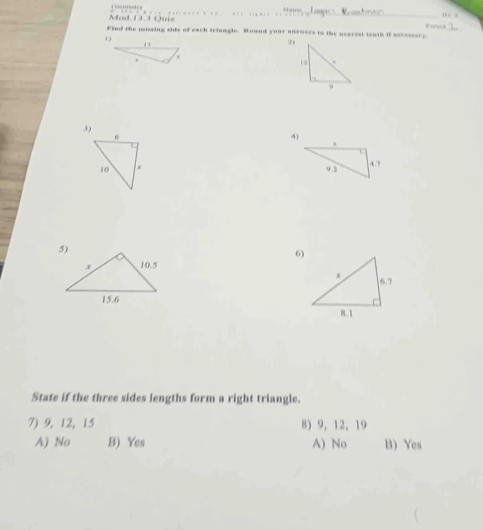 geometry mod, 13.3 quiz name find the missing side of each triangle. ro…