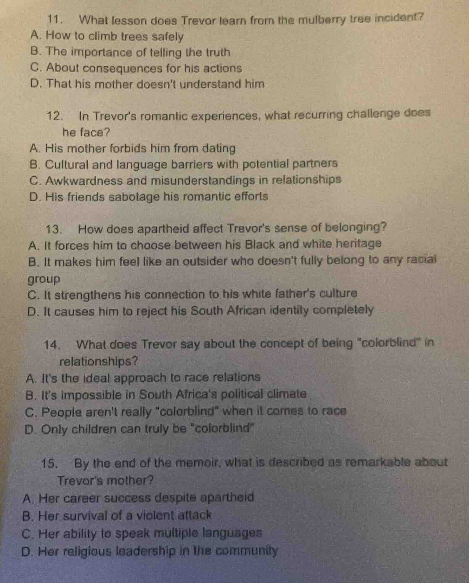 11. what lesson does trevor learn from the mulberry tree incident? a. h…