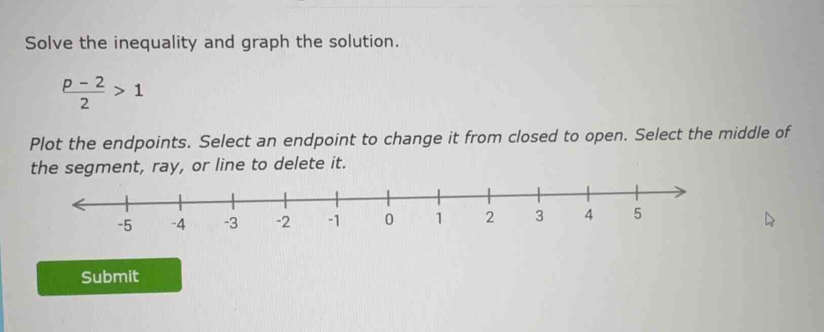 solve the inequality and graph the solution.\\(\\frac{p - 2}{2} > 1\\)p…