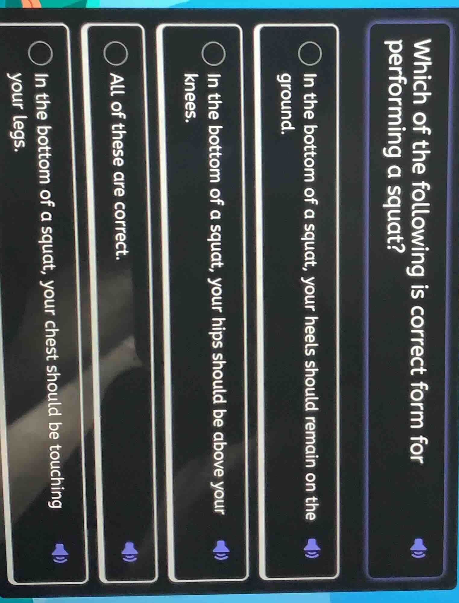 which of the following is correct for performing a squat? in the bottom…