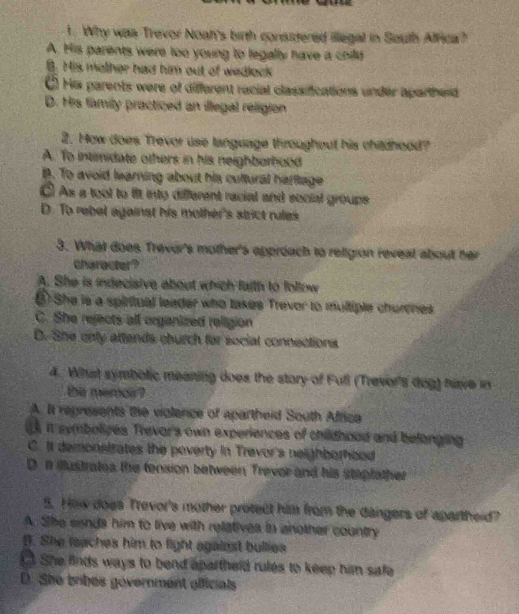 1. why was trevor noah’s birth considered illegal in south africa? a. h…