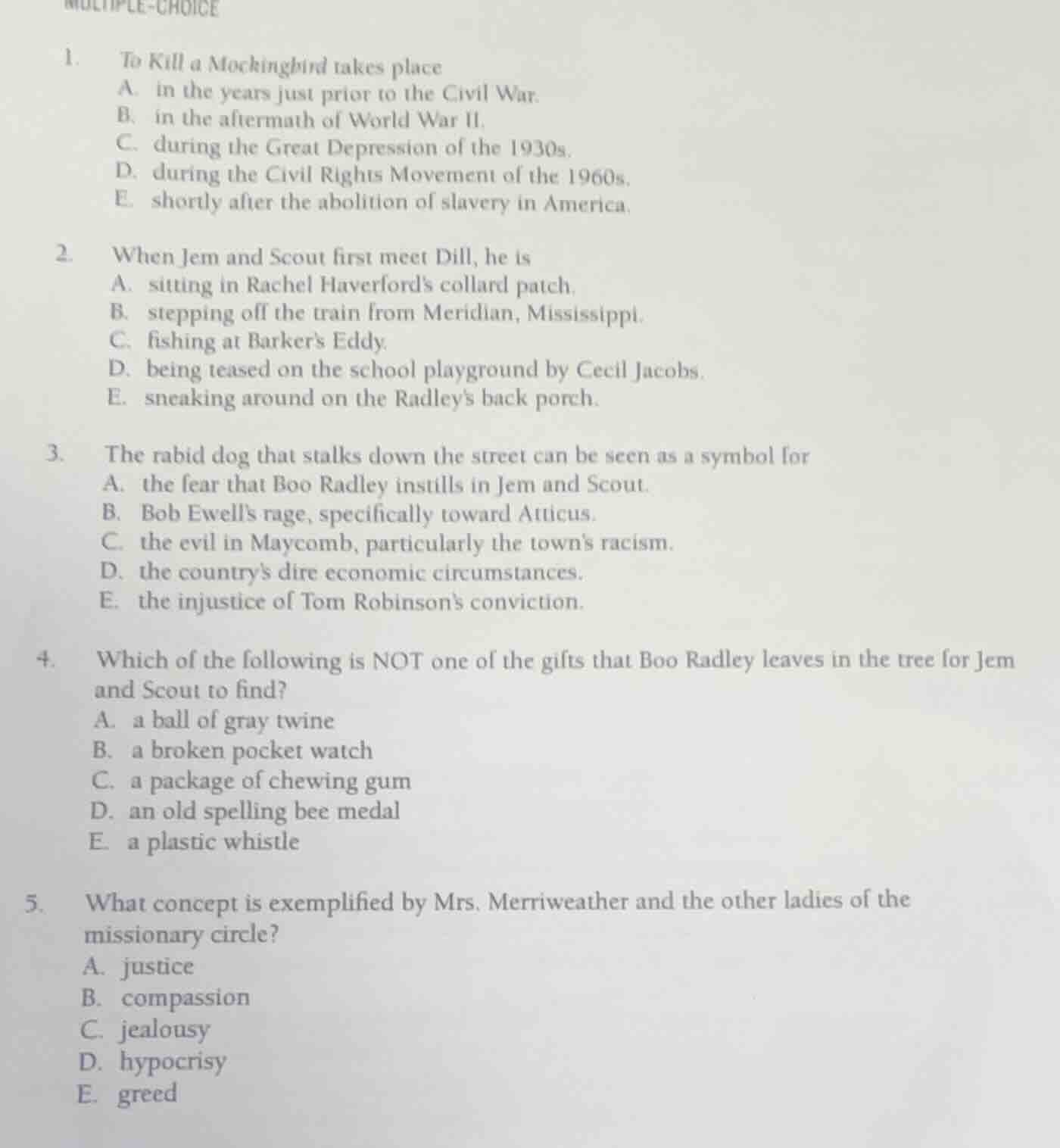 multiple-choice 1. to kill a mockingbird takes place a. in the years ju…