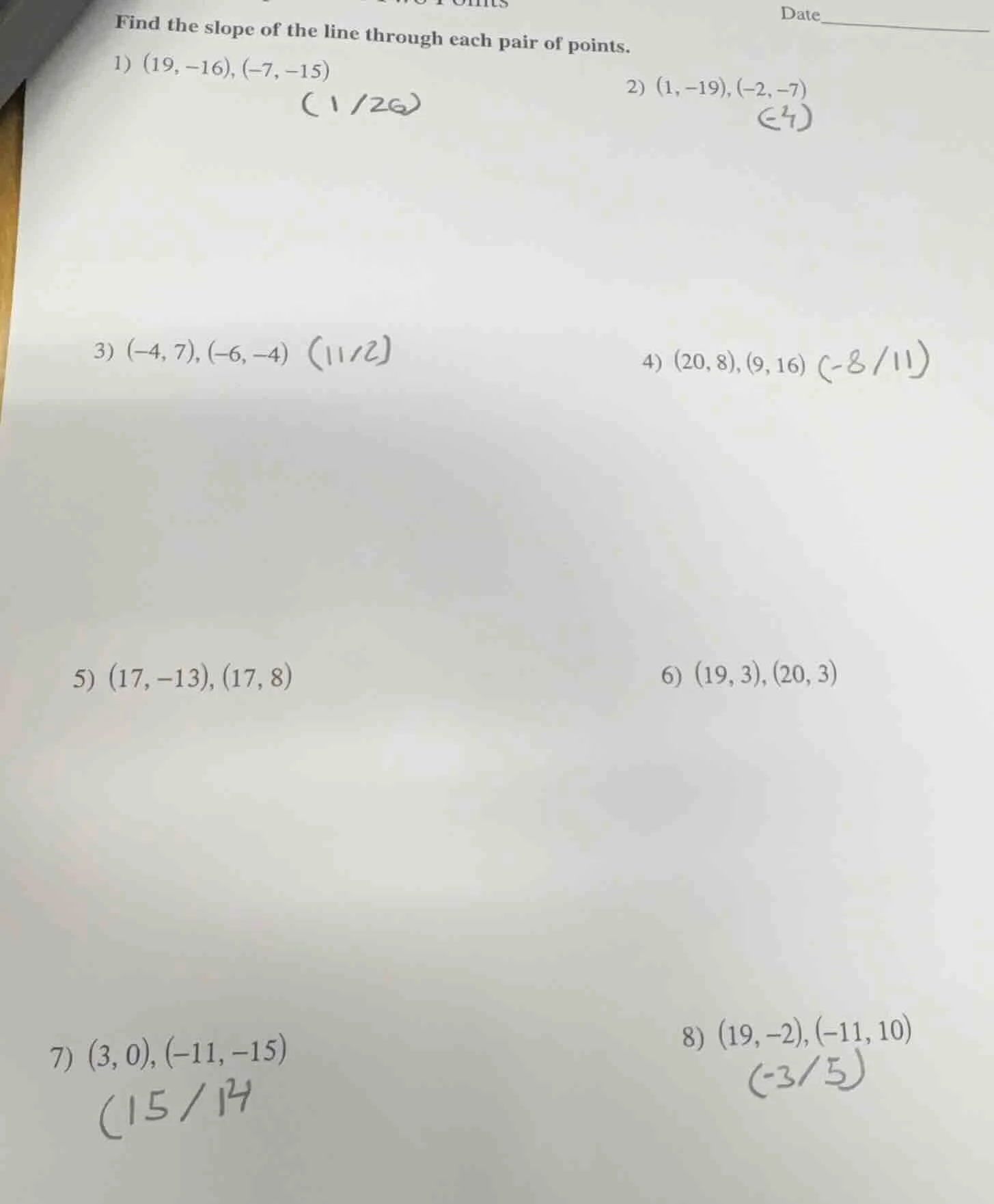 find the slope of the line through each pair of points. 1) (19, -16), (…