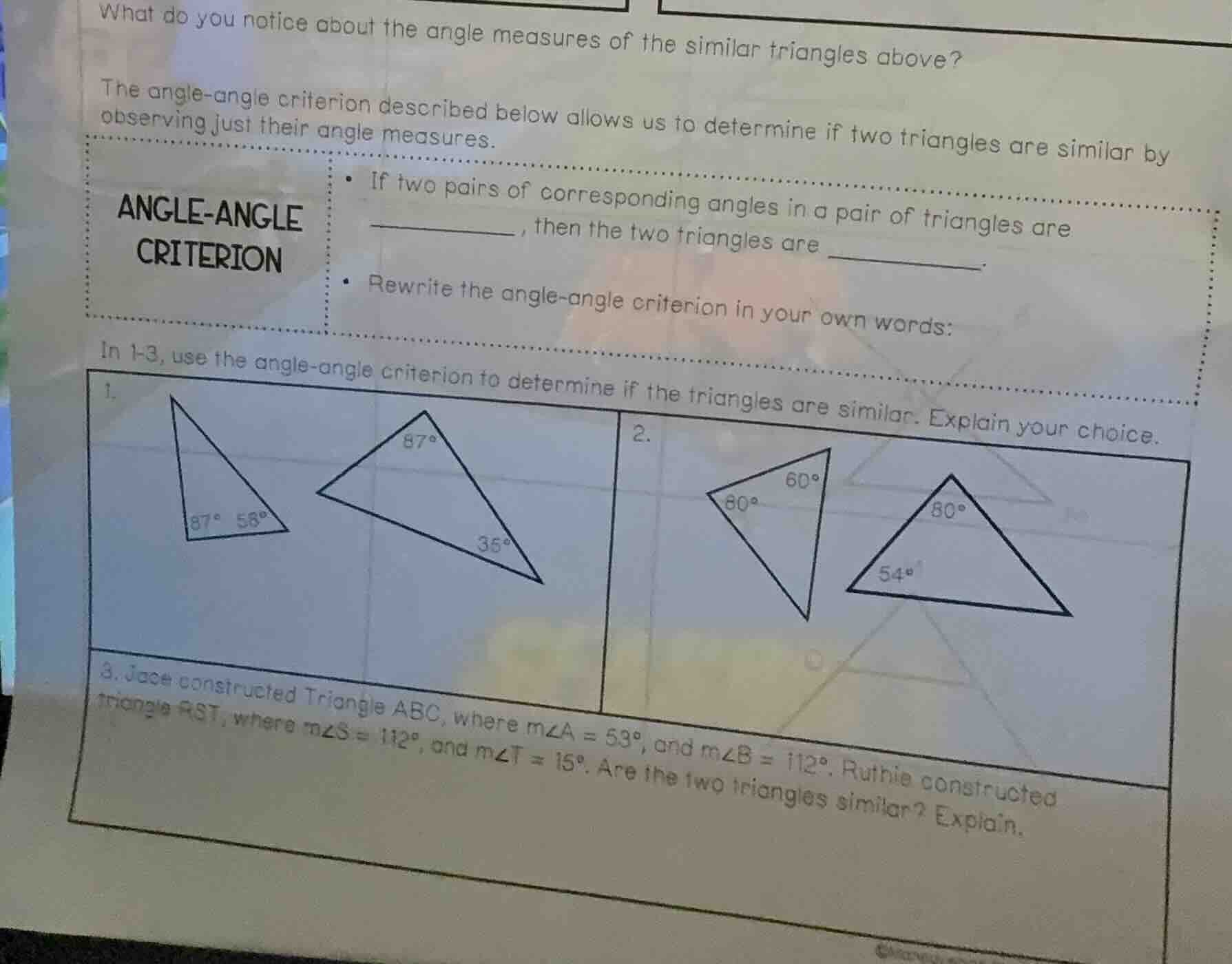 what do you notice about the angle measures of the similar triangles ab…