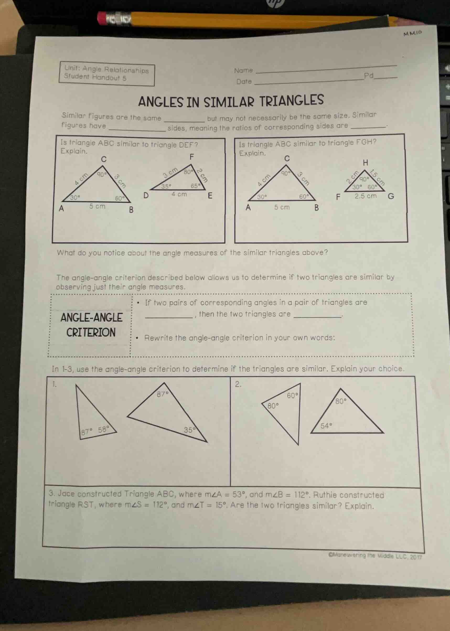 unit: angle relationships student handout 5 name date pd angles in simi…