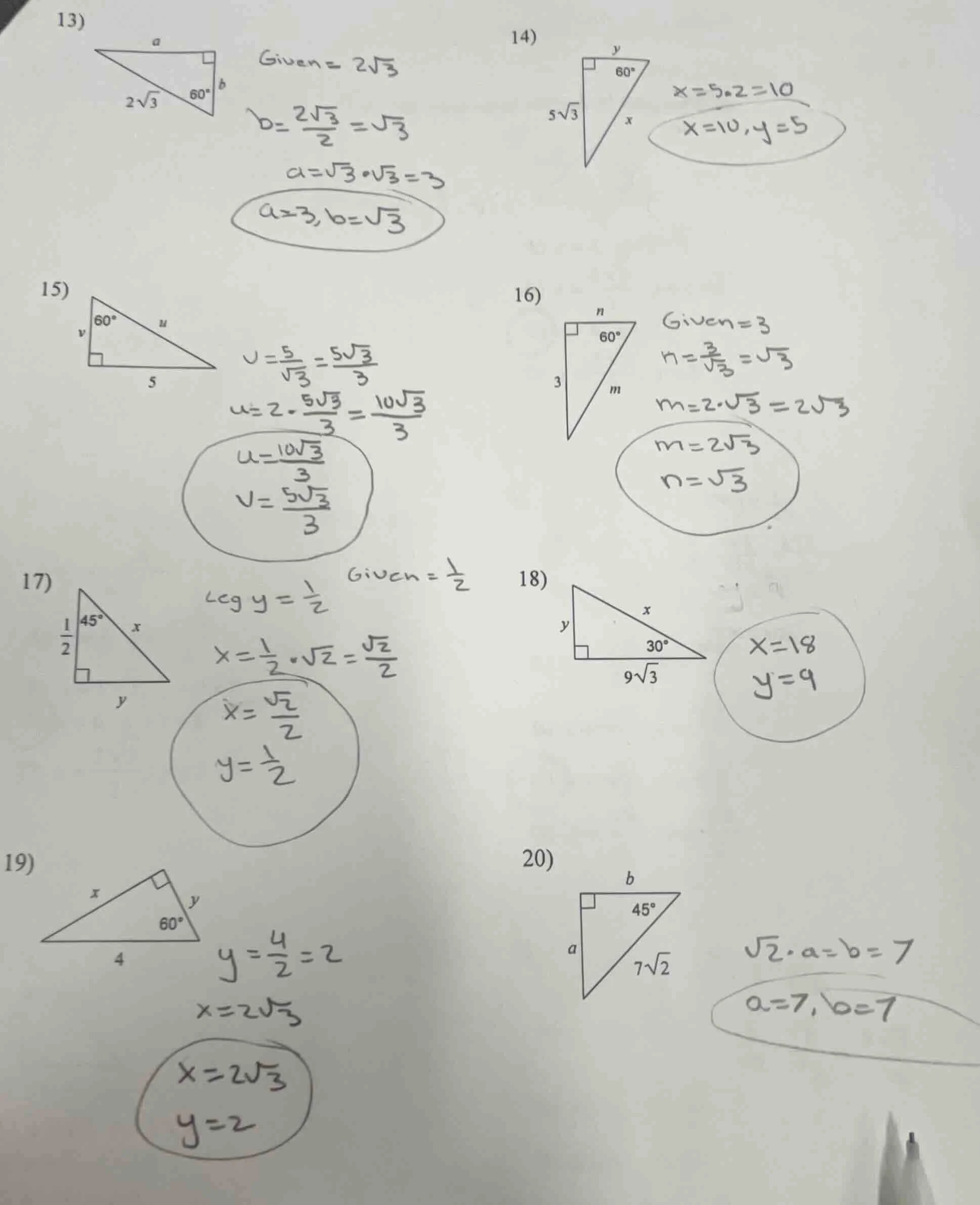 13) given = 2√3 b= (2√3)/2 = √3 a=√3·√3 = 3 a=3, b=√3 14) x=5·2=10 x=10…