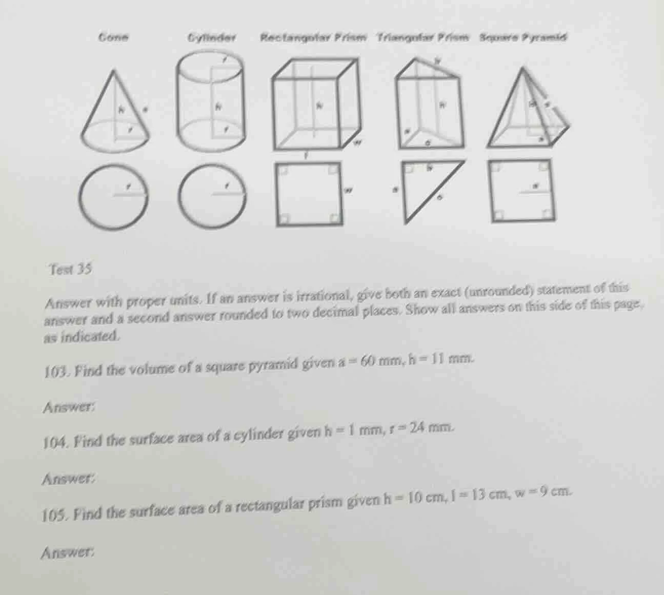 test 35 answer with proper units. if an answer is irrational, give both…