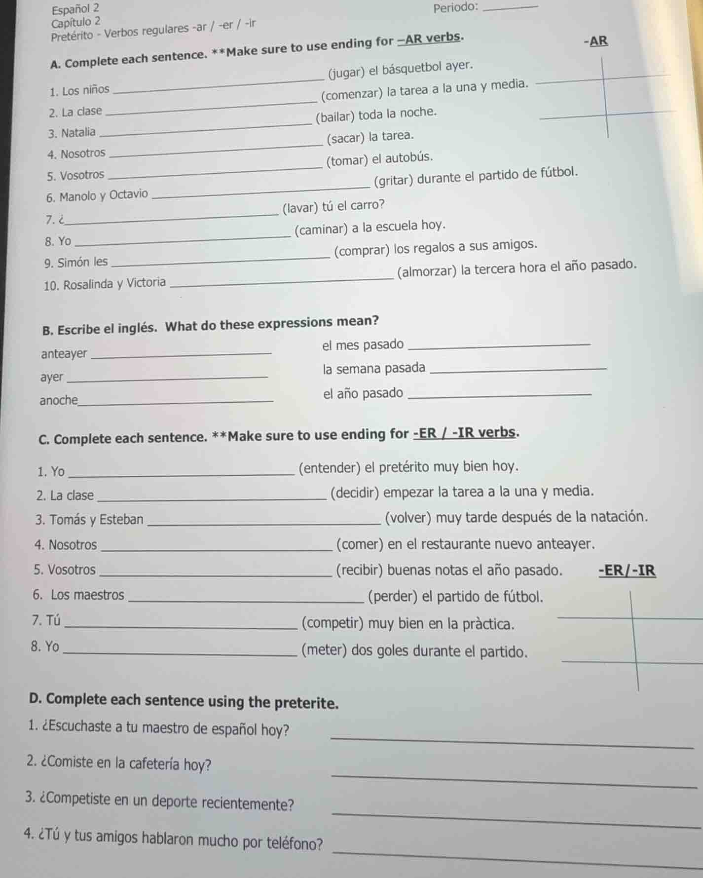 español 2 capítulo 2 período: ______ pretérito - verbos regulares -ar /…