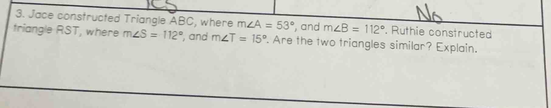 3. jace constructed triangle abc, where ( mangle a = 53^circ ), and ( m…