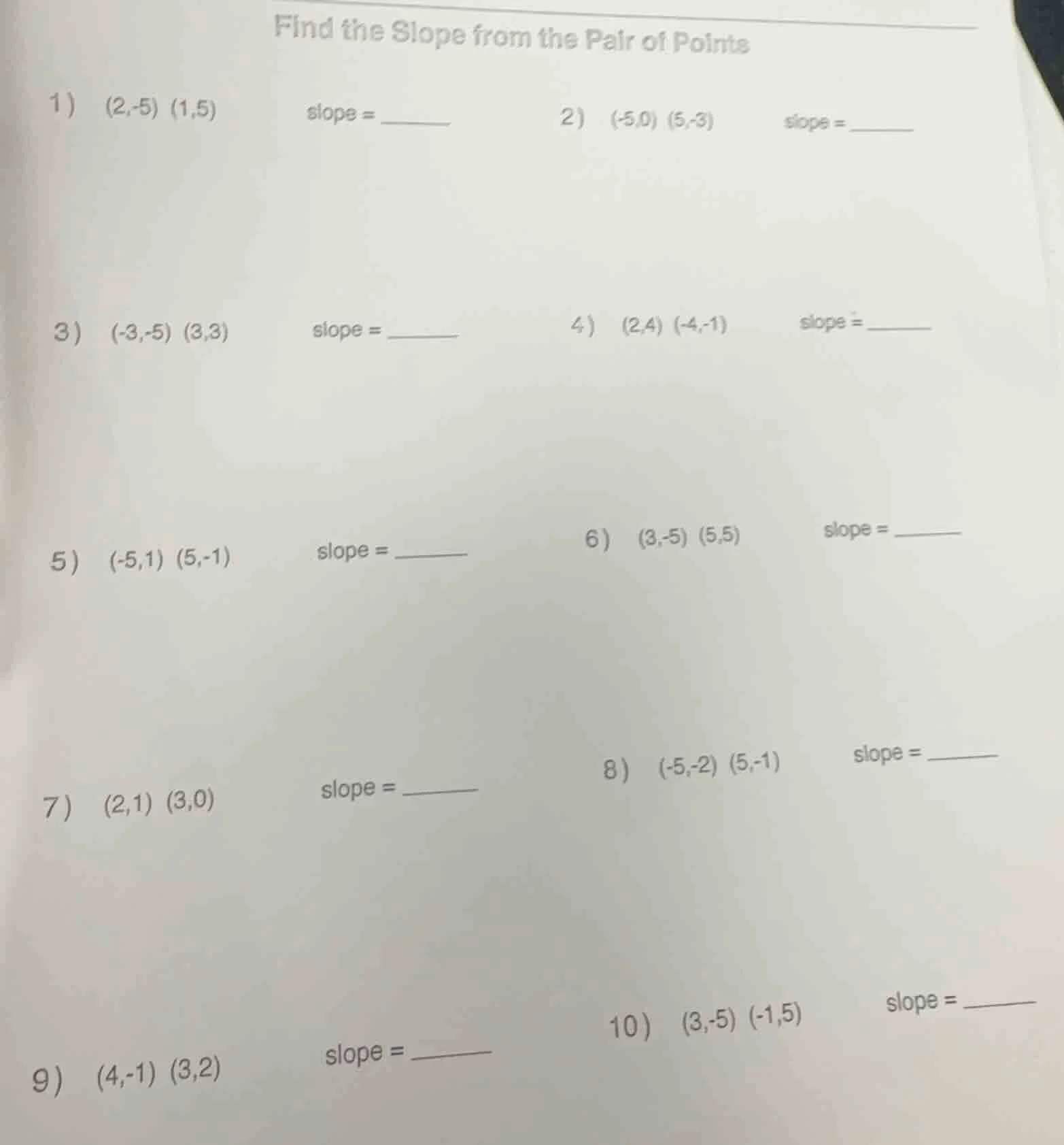 find the slope from the pair of points 1) (2,-5) (1,5) slope = ______ 2…