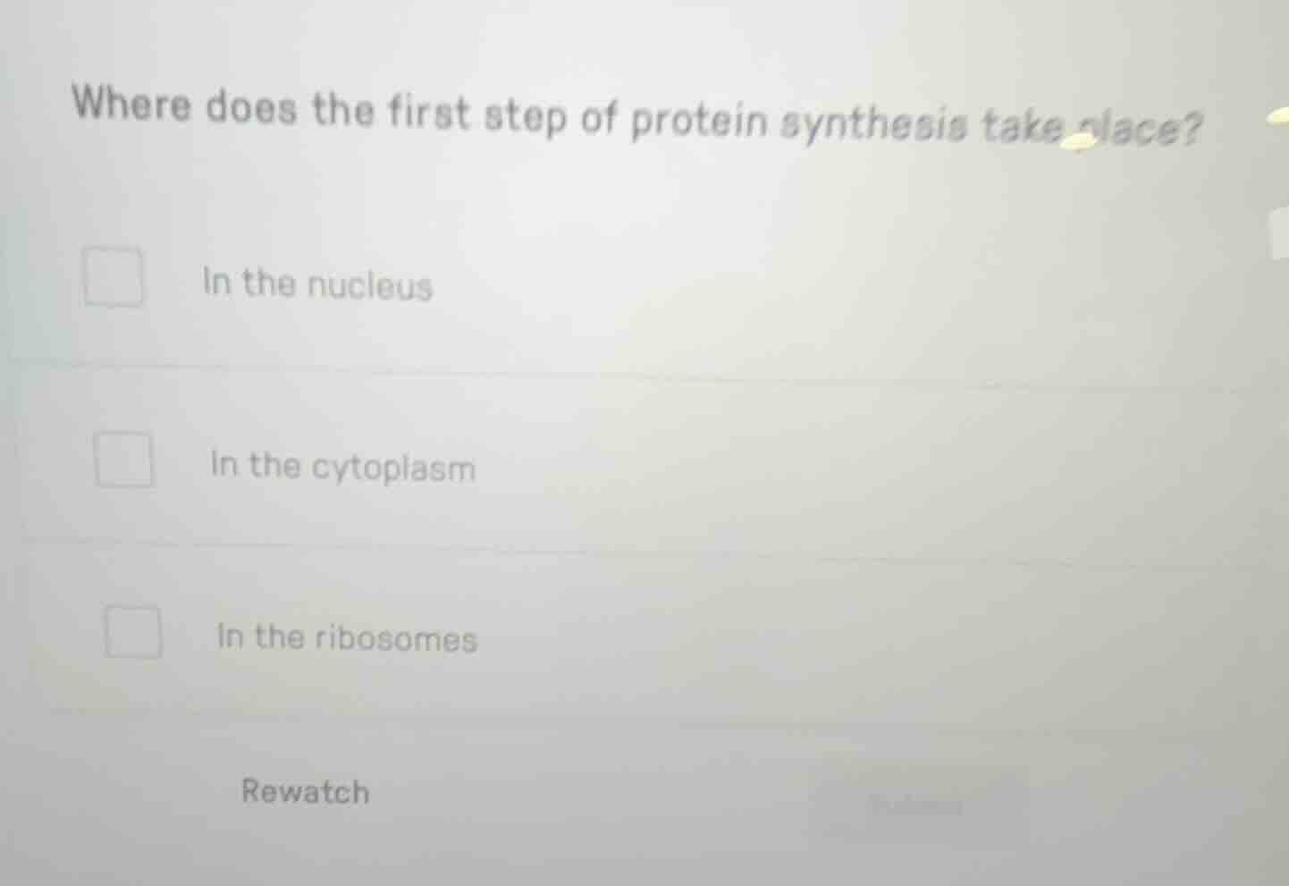 where does the first step of protein synthesis take place? in the nucle…