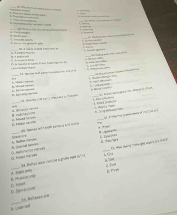 28. why do myelinated axons conduct impulses faster? a. they are closer…