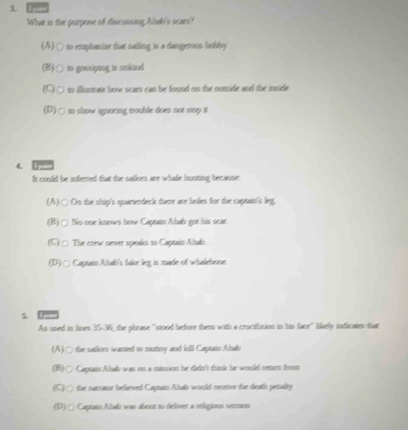 3. what is the purpose of discussing ahabs scars? (a) to emphasize that…