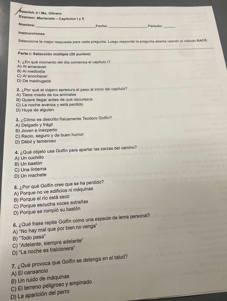 spanish 2 / ms. olivero examen: marianela - capítulos i y ii nombre: __…