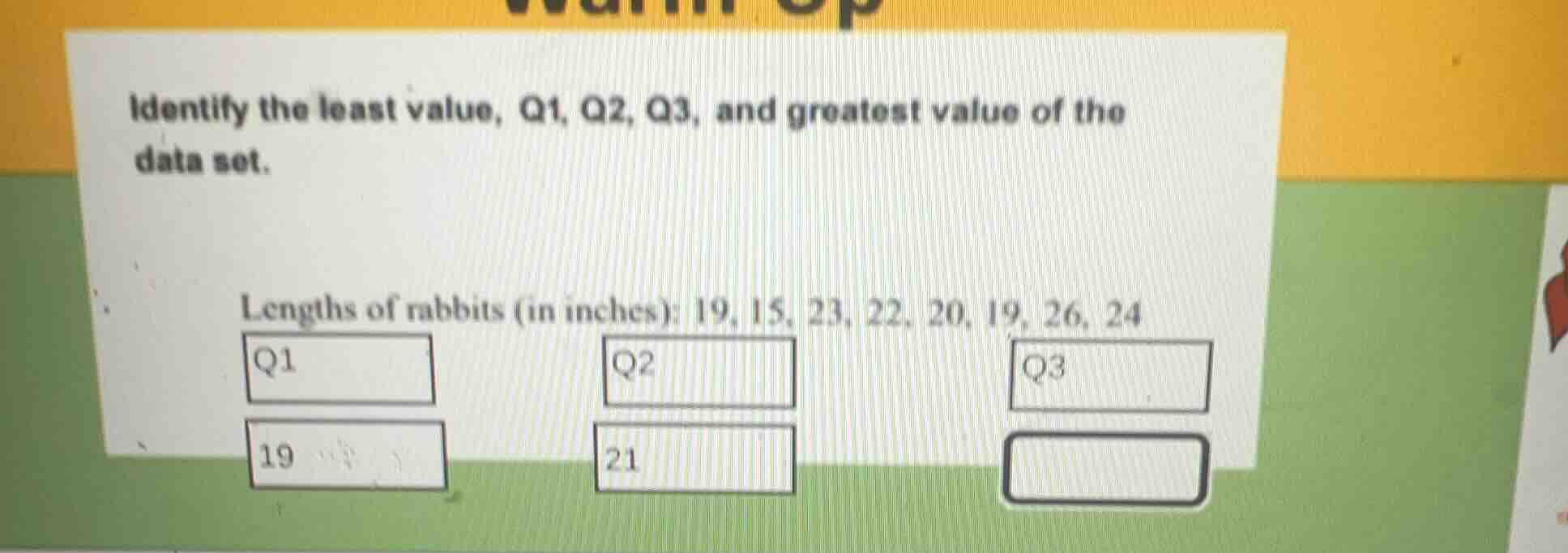 identify the least value, q1, q2, q3, and greatest value of the data se…