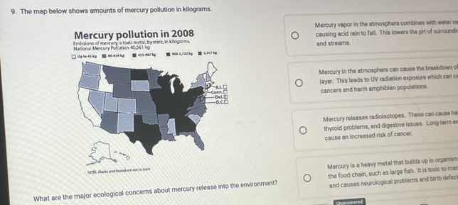 9. the map below shows amounts of mercury pollution in kilograms. mercu…