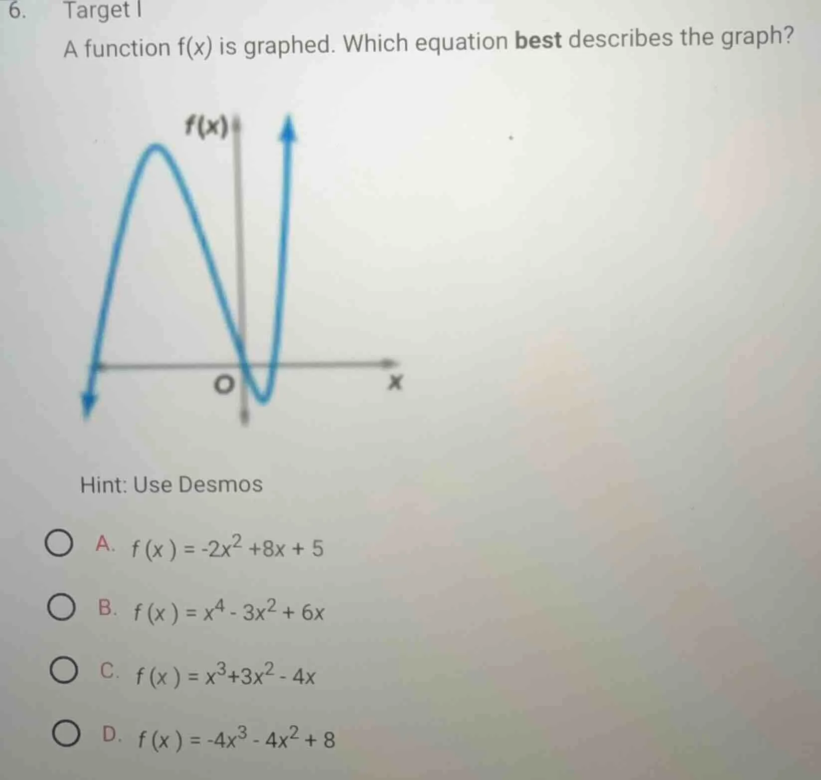 6. target i a function f(x) is graphed. which equation best describes t…