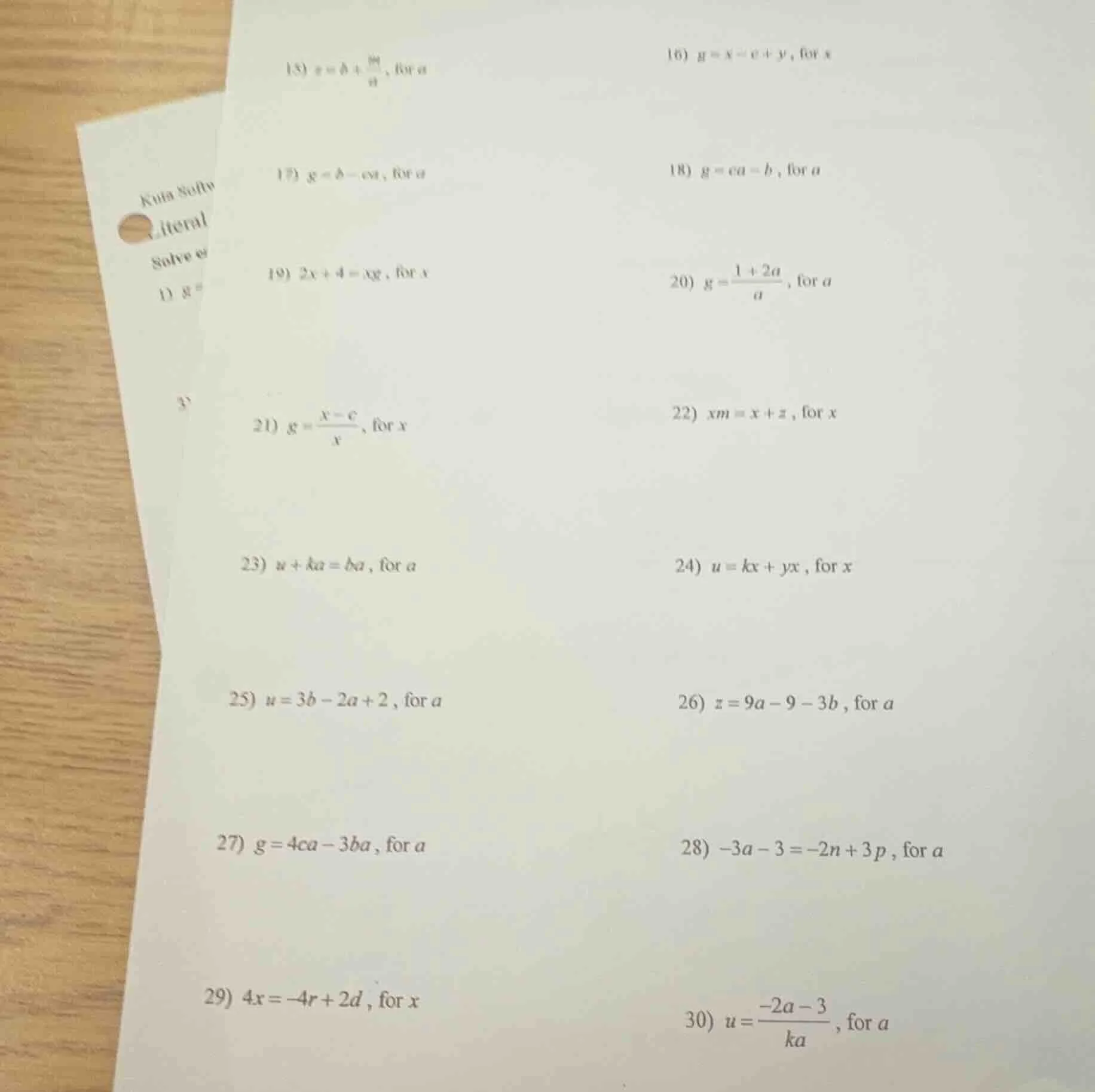 15) $g = b + \\frac{m}{a}$, for $a$ 16) $g = x - c + y$, for $x$ 17) $g…