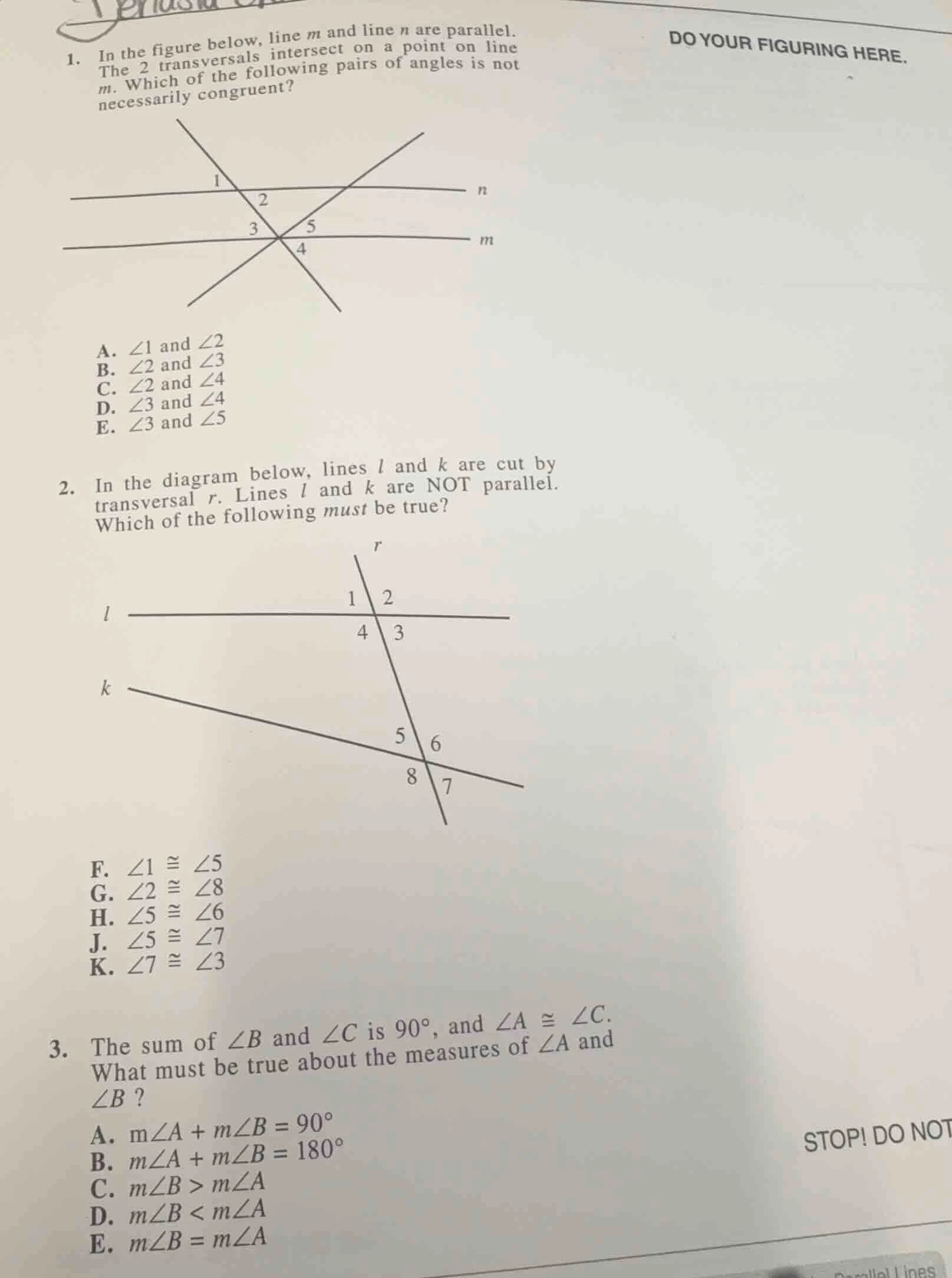 1. in the figure below, line m and line n are parallel. the 2 transvers…