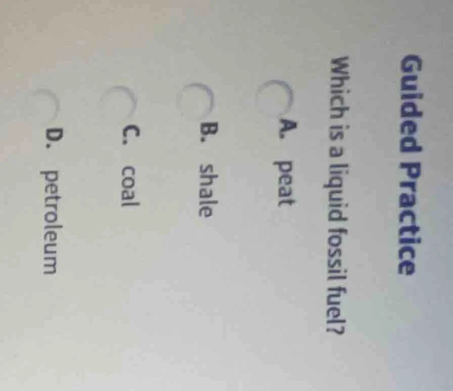 guided practice which is a liquid fossil fuel? a. peat b. shale c. coal…