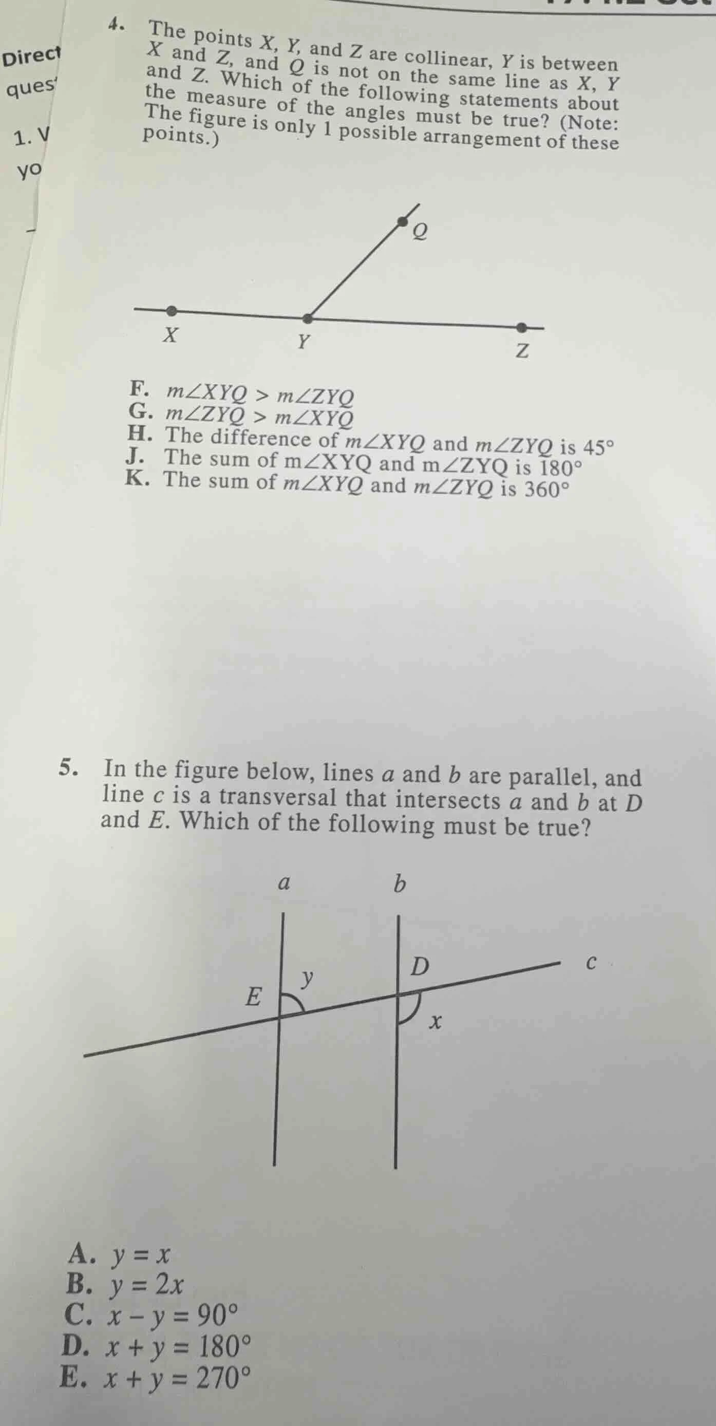 4. the points x, y, and z are collinear, y is between x and z, and q is…