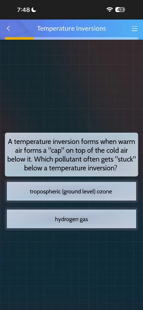a temperature inversion forms when warm air forms a \cap\ on top of the…