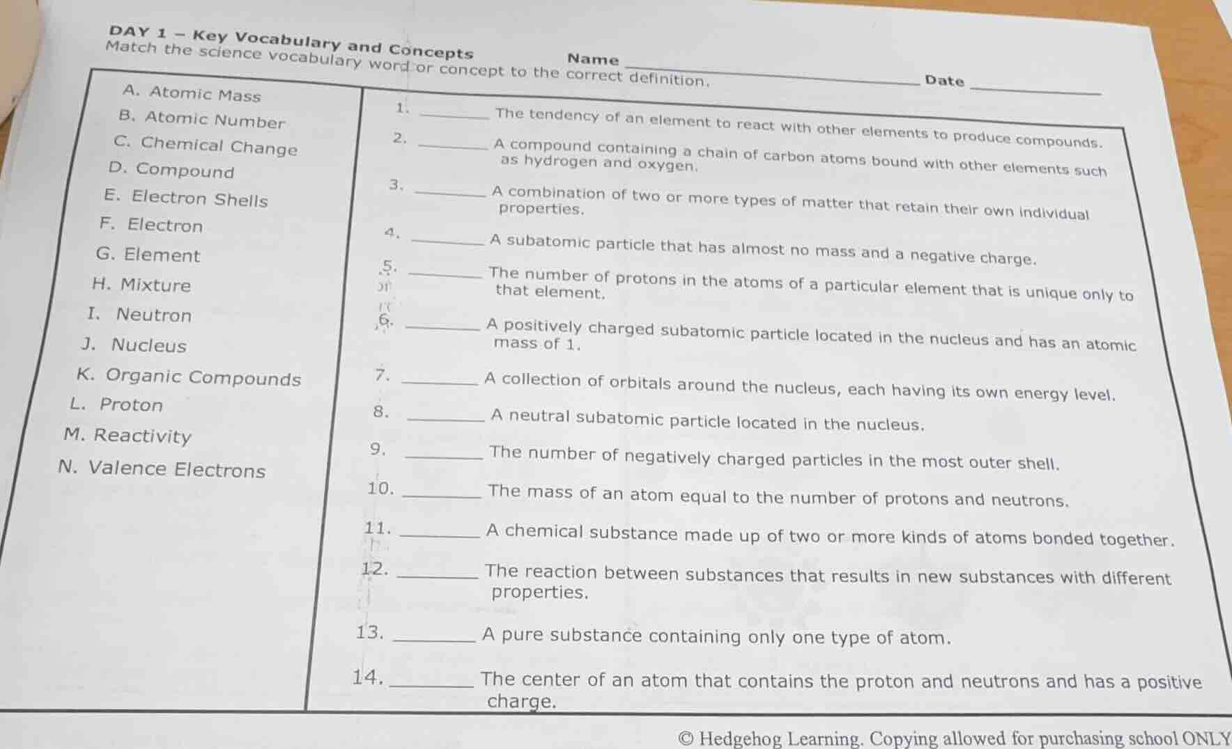day 1 – key vocabulary and concepts name date match the science vocabul…