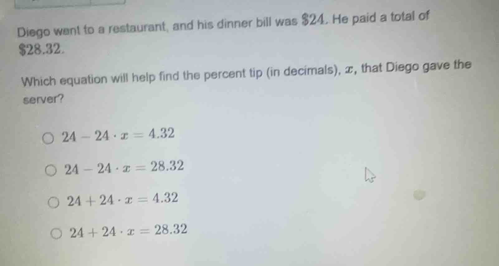 diego went to a restaurant, and his dinner bill was $24. he paid a tota…