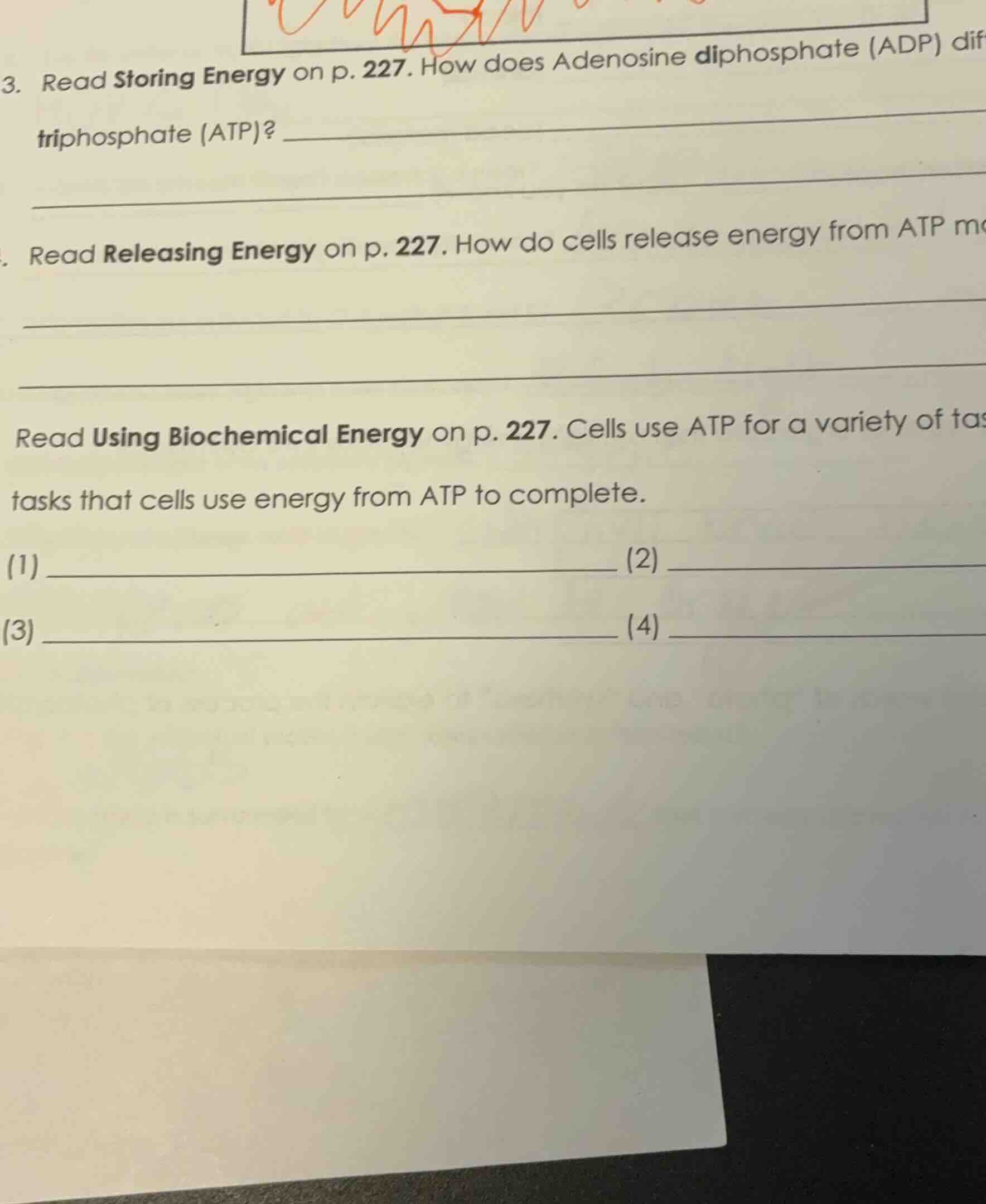 3. read storing energy on p. 227. how does adenosine diphosphate (adp) …