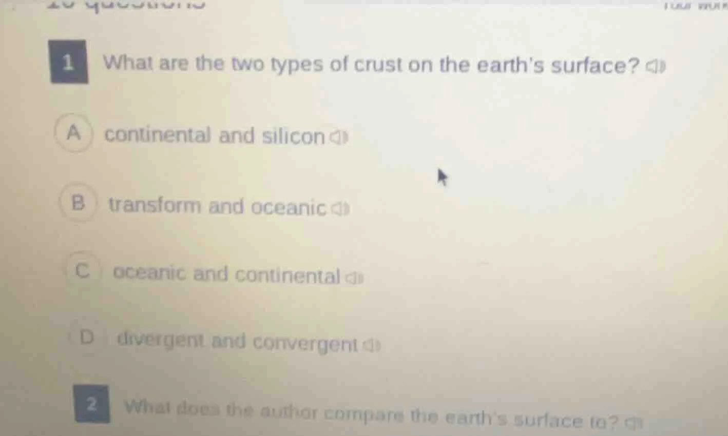 1 what are the two types of crust on the earths surface? a continental …