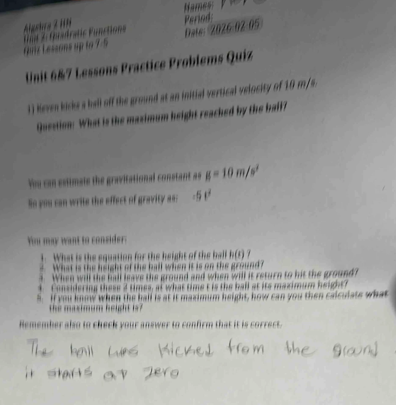 algebra 2 hon unit 6: quadratic functions quiz lessons up to 7.5 name: …