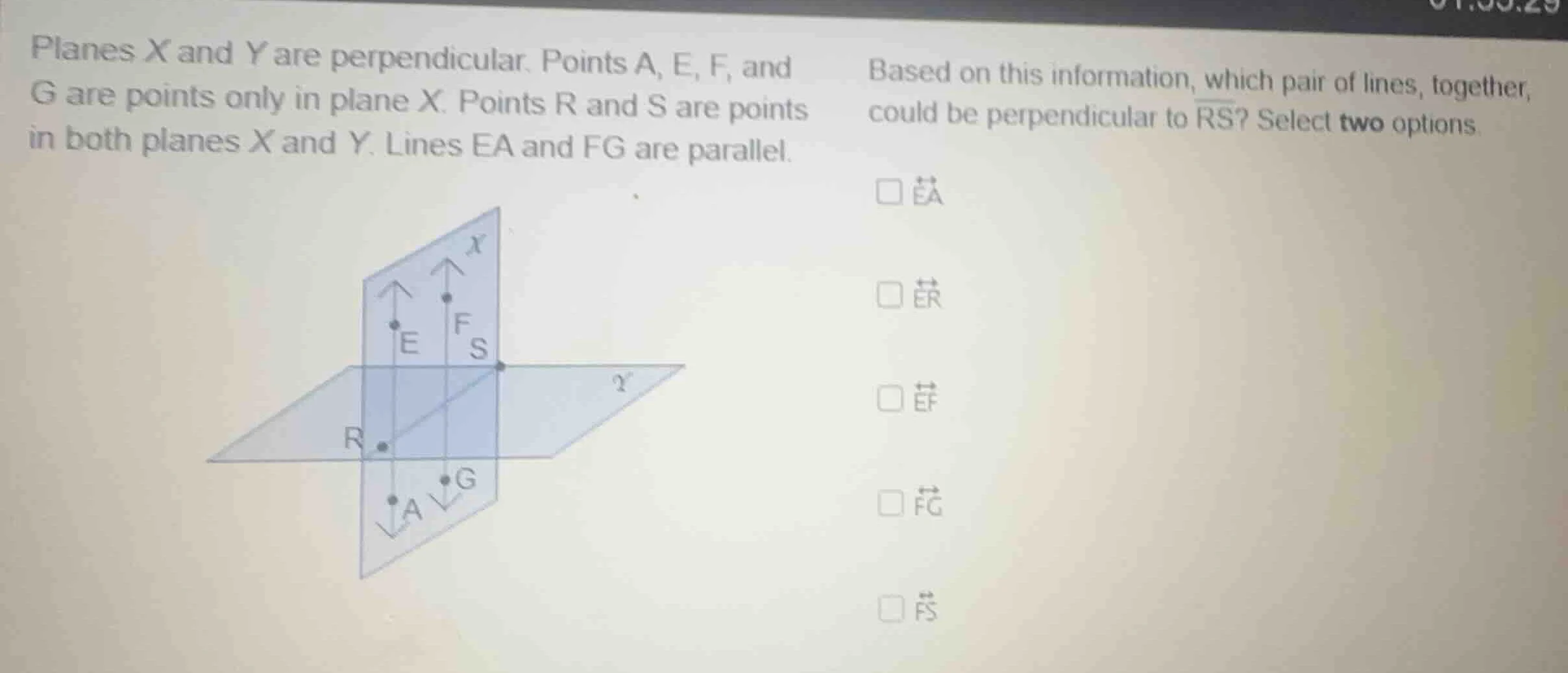 planes x and y are perpendicular. points a, e, f, and g are points only…