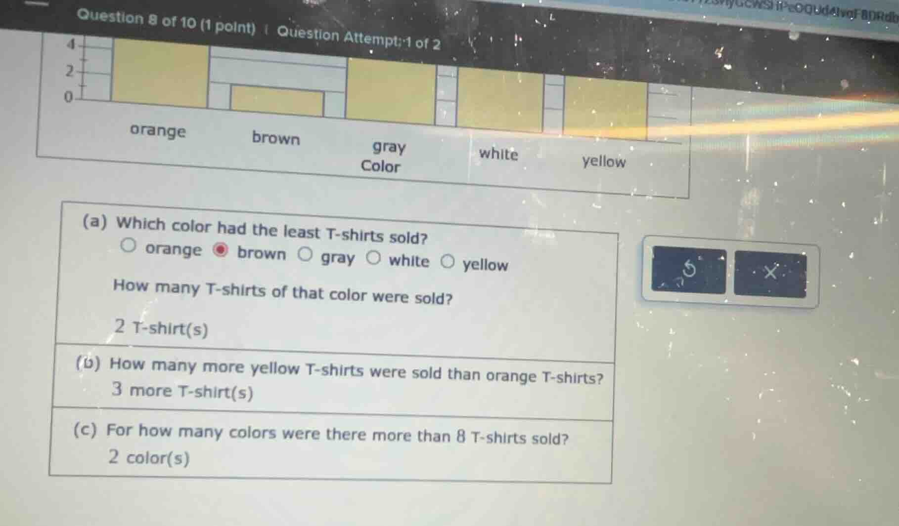 question 8 of 10 (1 point) | question attempt:1 of 2 (a) which color ha…