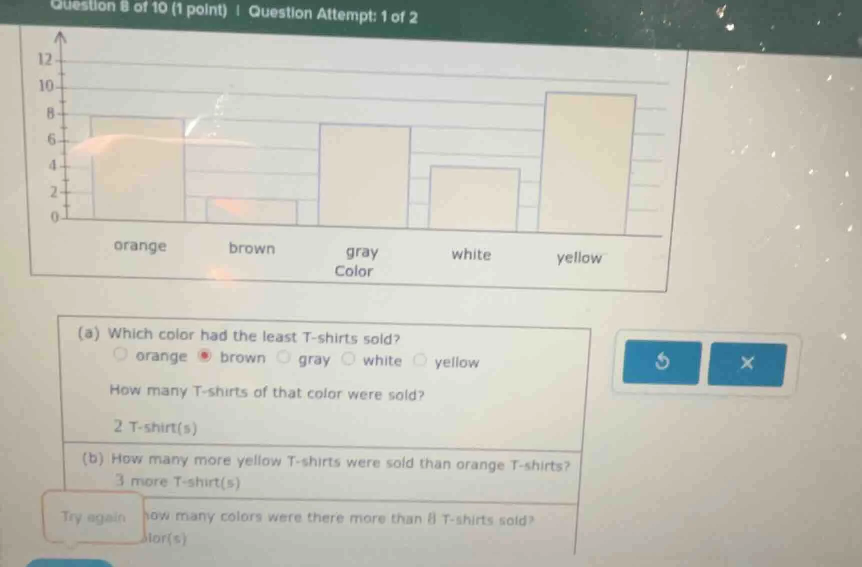 question 8 of 10 (1 point) | question attempt: 1 of 2 (a) which color h…