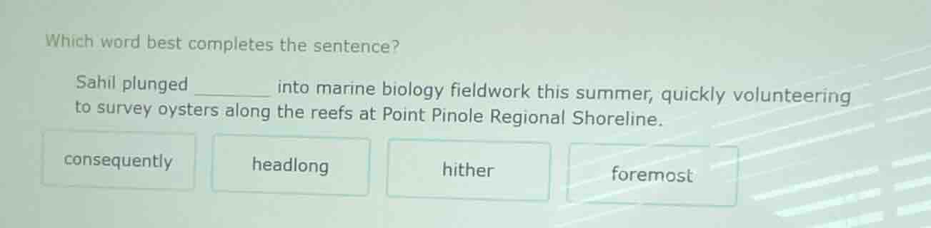 which word best completes the sentence? sahil plunged ______ into marin…