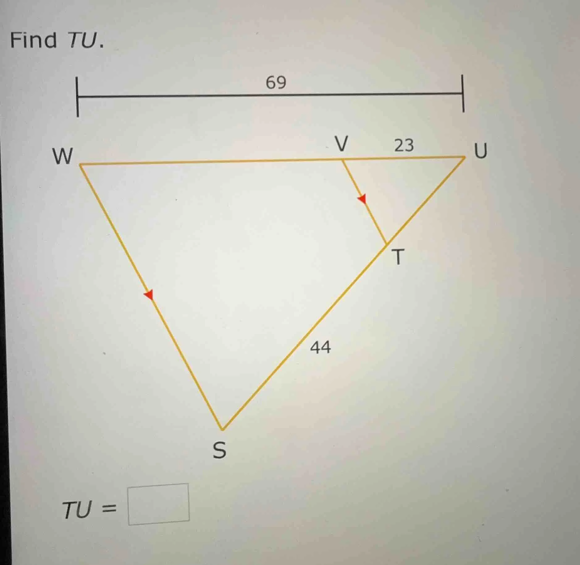 find tu. w, v, u are on a line segment with vu = 23. s is a vertex conn…