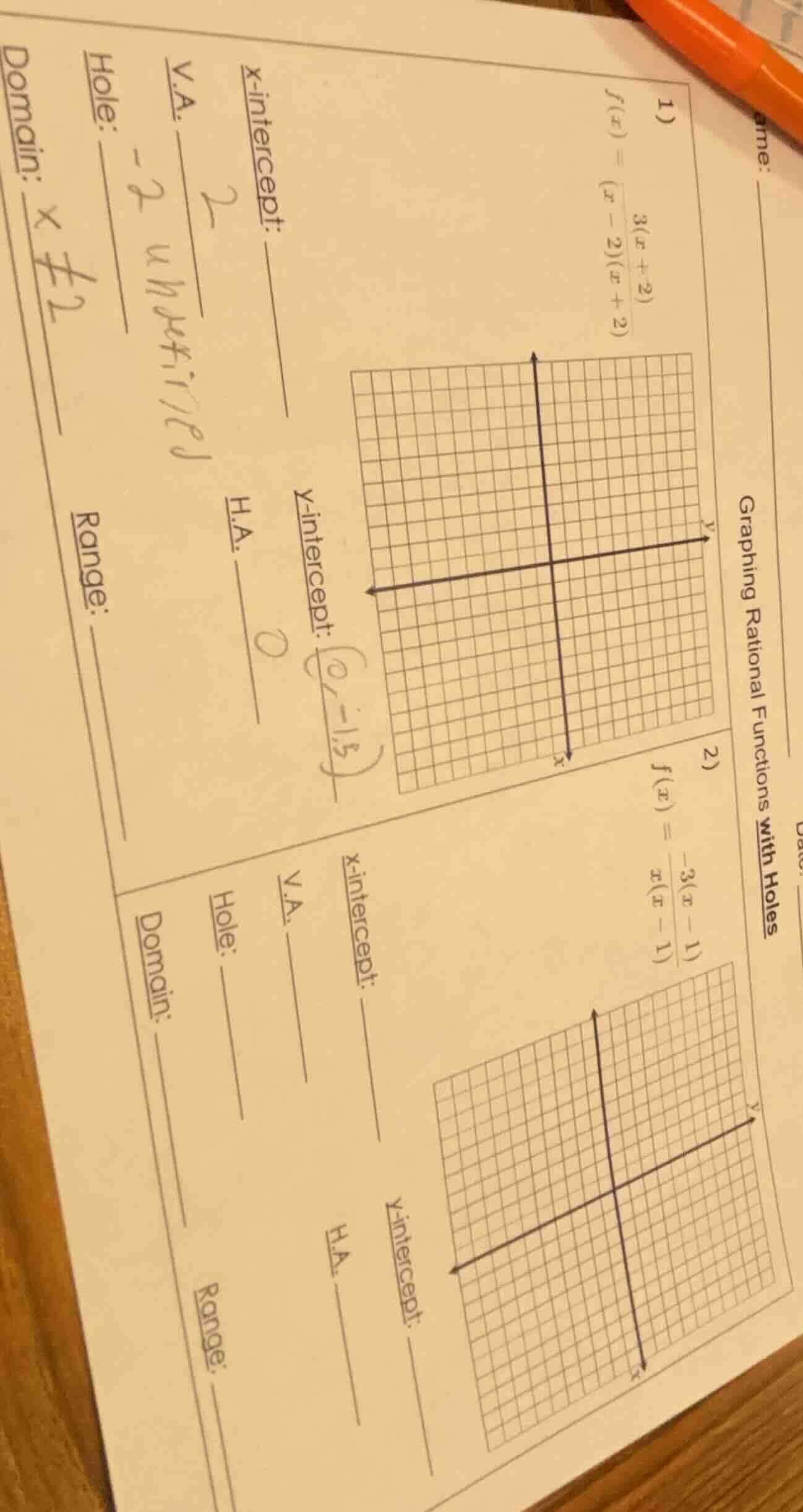 1) $f(x) = \\frac{3(x + 2)}{(x - 2)(x + 2)}$ x - intercept: v.a. hole: …