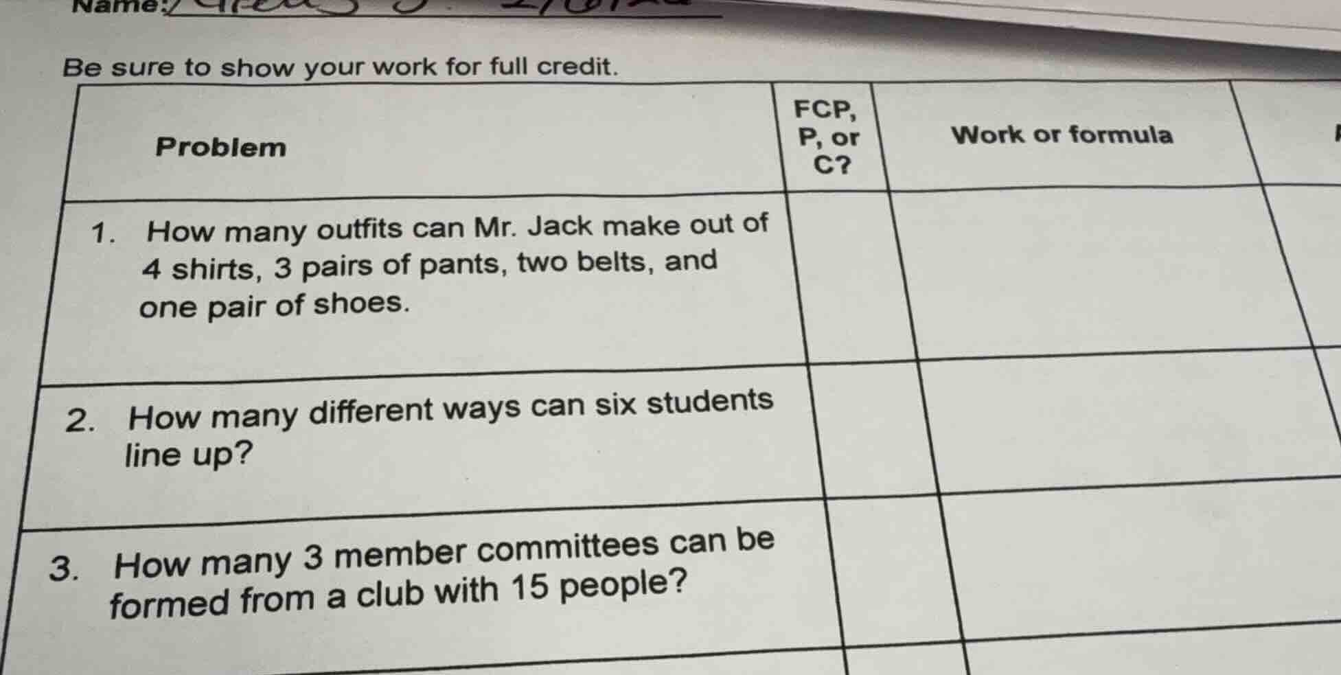 be sure to show your work for full credit. | problem | fcp, p, or c? | …