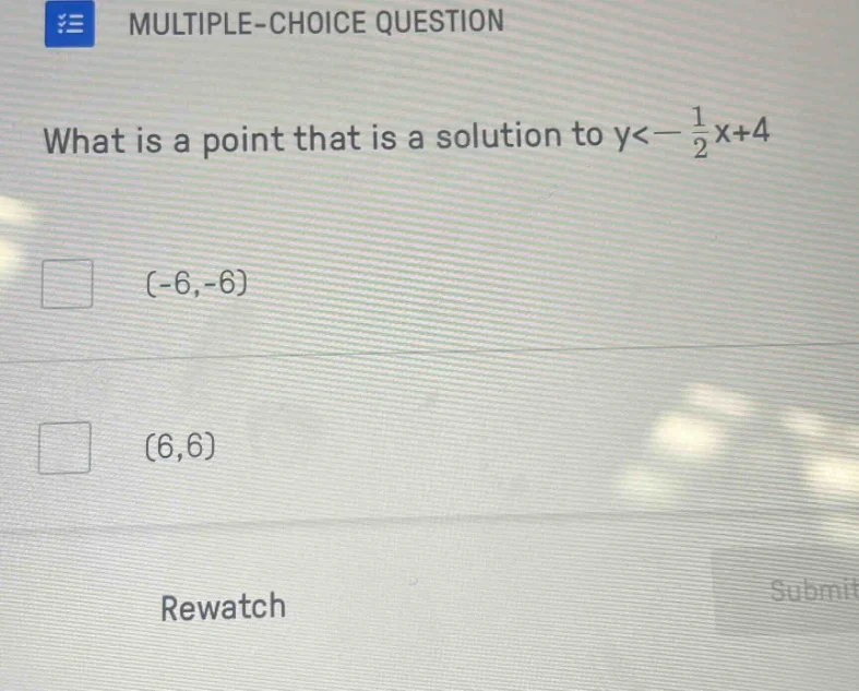 multiple-choice question what is a point that is a solution to $y<-\fra…